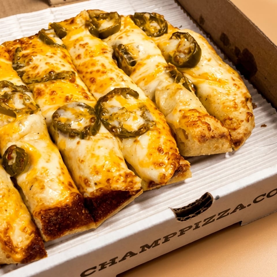 Six cheesy breadsticks topped with sliced jalapeños arranged in an open pizza box labeled Cielamp Pizza.