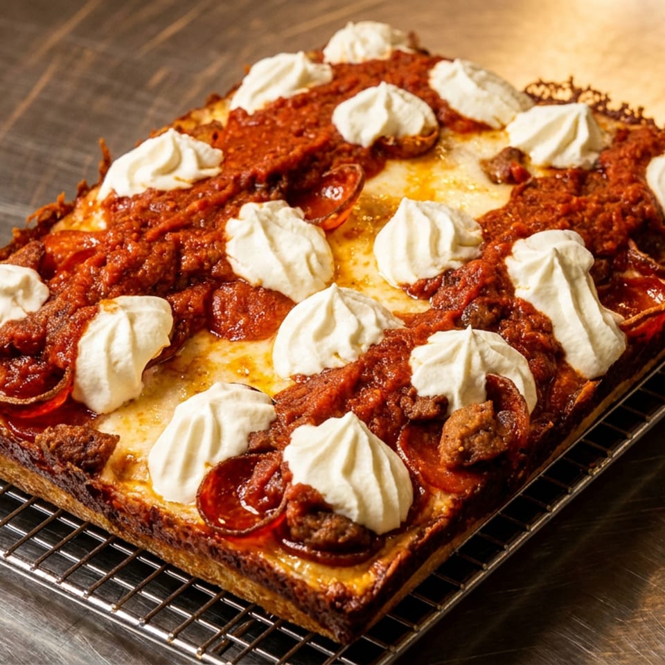 Rectangular deep-dish pizza topped with tomato sauce, pepperoni, sausage, melted cheese, and dollops of ricotta cooling on a wire rack.