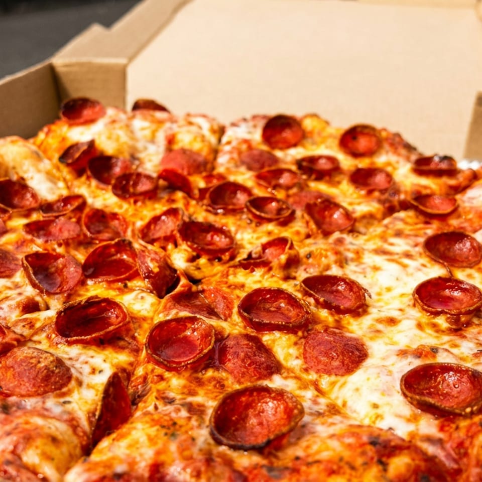 Fresh pepperoni pizza with melted cheese and a blistered crust in an open cardboard delivery box.