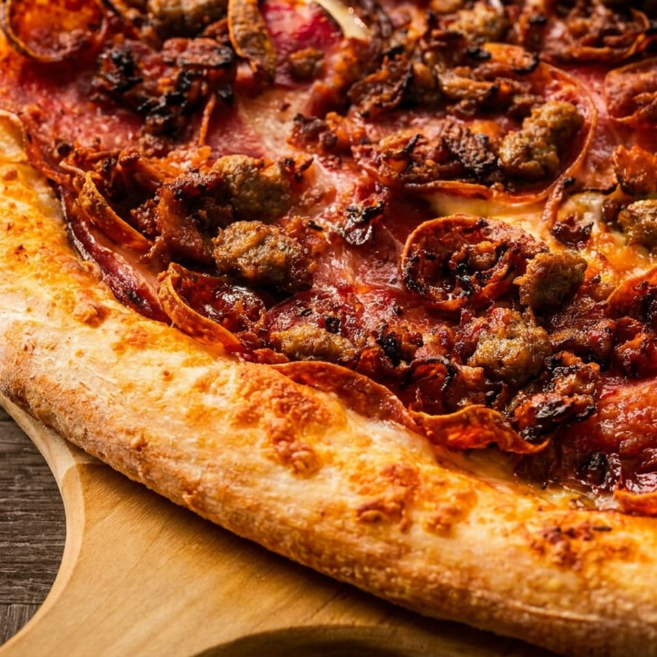 Close-up of a loaded pepperoni and sausage pizza with a golden crust on a wooden serving board.