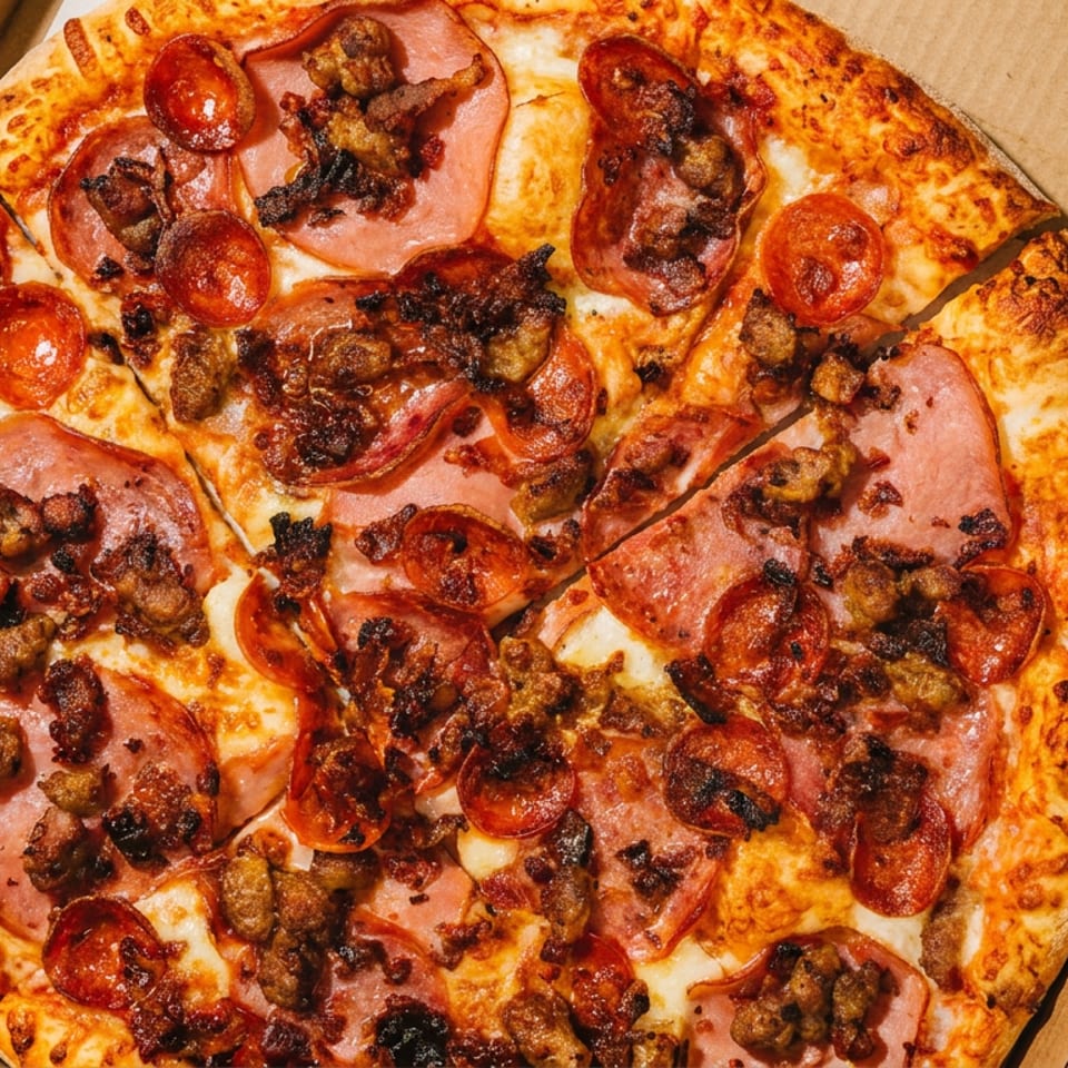 Large meat-lover’s pizza topped with pepperoni, ham, sausage, and bacon in an open cardboard box.