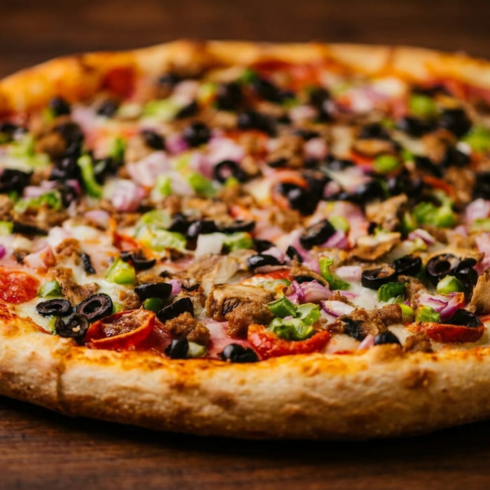 Loaded pizza topped with pepperoni, mushrooms, black olives, green peppers, onions, and sausage on a wooden table.
