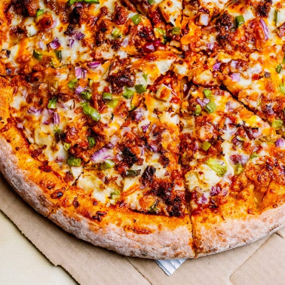 Cheesy pizza topped with browned meat, green peppers, red onions, and herbs in an open cardboard box.