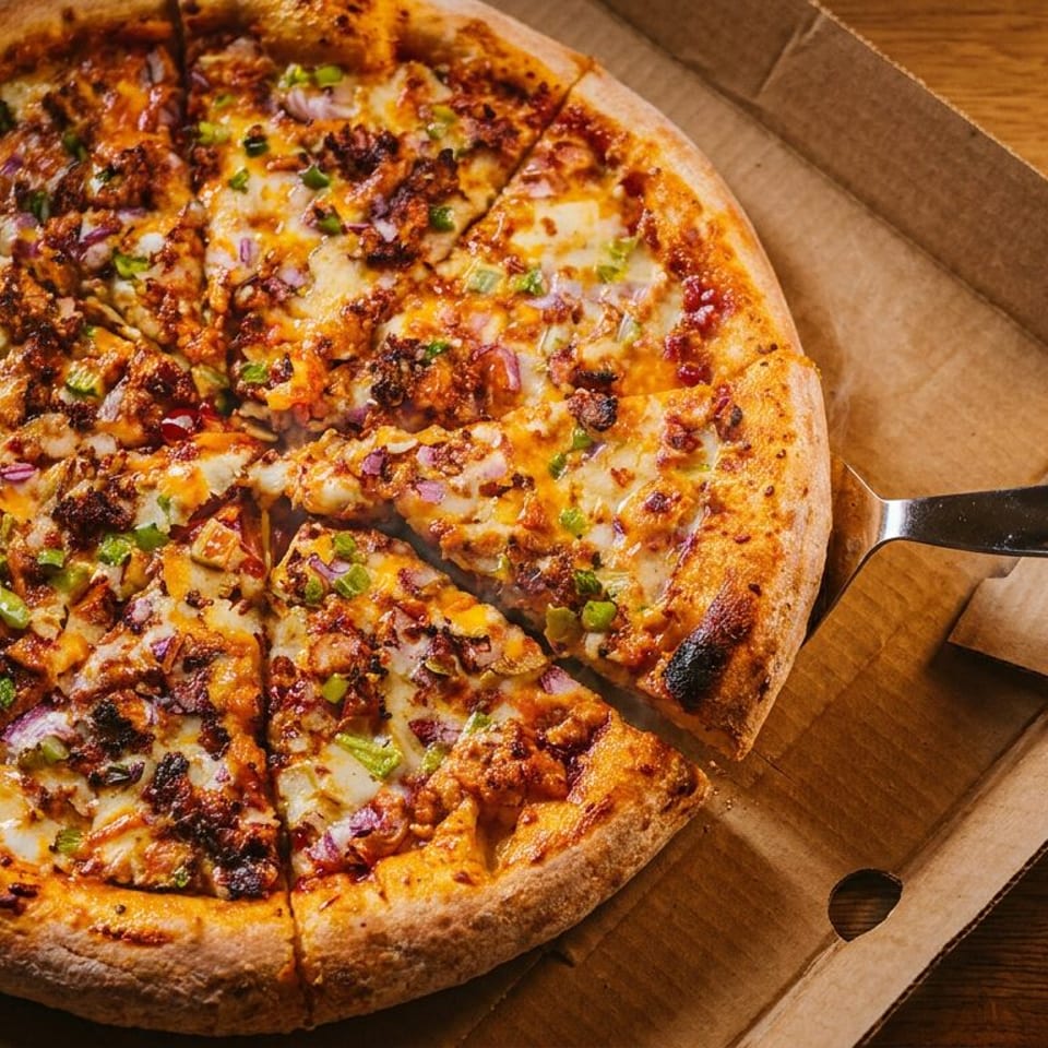 Sliced cheesy pizza topped with sausage, bacon, red onion, and green peppers in a cardboard box on a wooden table.