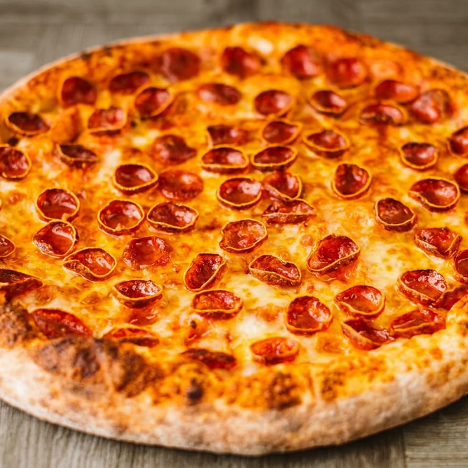 Large pepperoni pizza with melted cheese and a browned crust on a rustic wooden table.