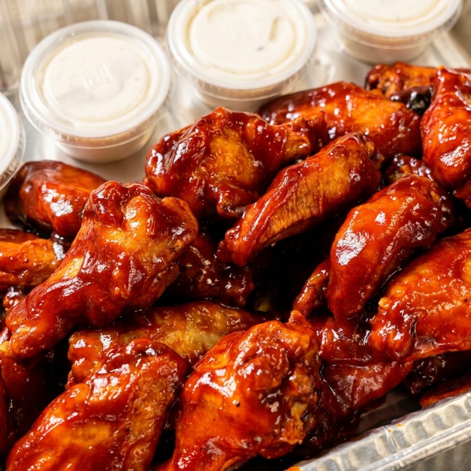 Aluminum tray filled with glossy barbecue chicken wings and several cups of creamy dipping sauce.